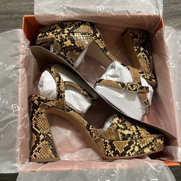 Katy Perry Size 8 38 Square Platform Sandals Snake Print Brown Tan Chunky Heels - Picture 14 of 14